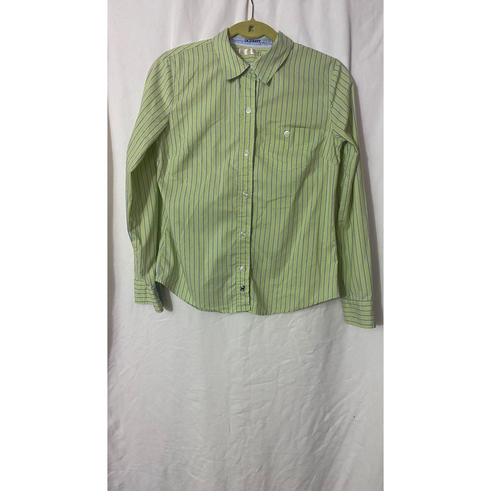 Old Navy Y2K Womens Lime Green Navy Blue Striped Button Down Shirt Medium